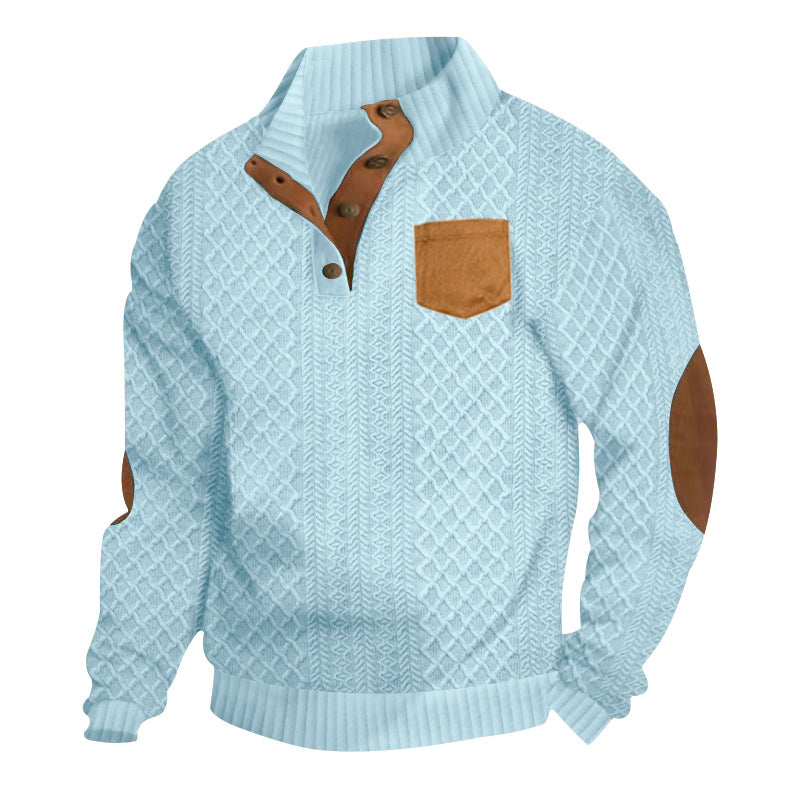 Men's cable-knit sweater with stand collar, button placket, patch breast pocket, and leather-look elbow patches StylebySassy