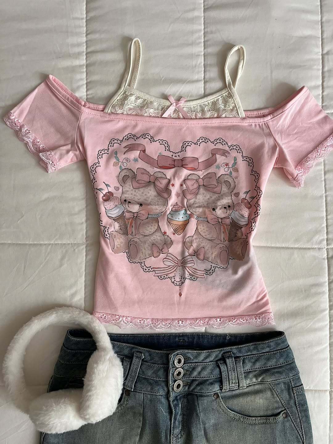 Women Playful T-Shirt with Lace Applications and Cute Bear Motif StylebySassy