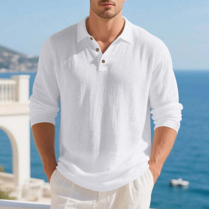 Men's Musselin Long Sleeve Polo Shirt with Collar, Short Button Placket and Natural Button Look StylebySassy