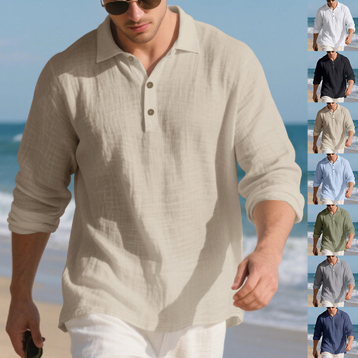 Men's casual linen henley shirt with polo collar and triple button placket StylebySassy