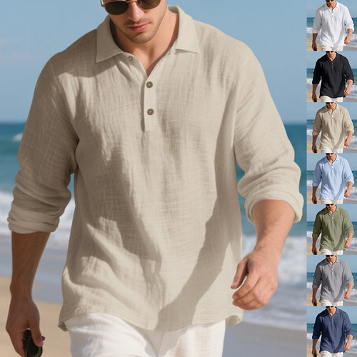 Men's casual linen henley shirt with polo collar and triple button placket StylebySassy