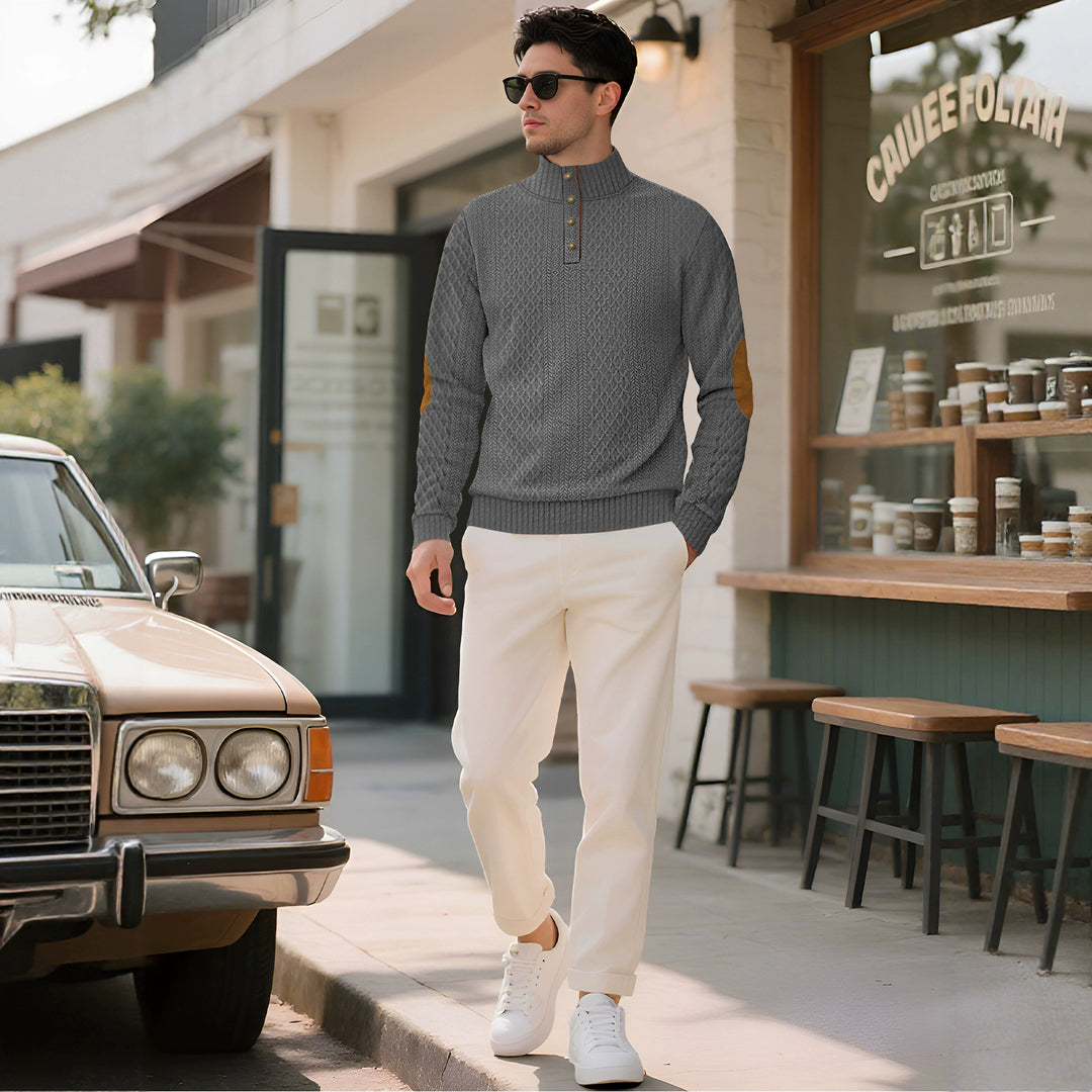 Men's noble button sweater in cable pattern with high stand-up collar and suede elbow patches StylebySassy