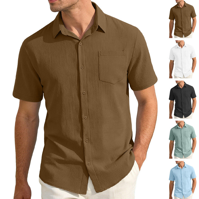 Men's short-sleeve shirt in textured cotton yarn look with Kent collar and applied breast pocket StylebySassy