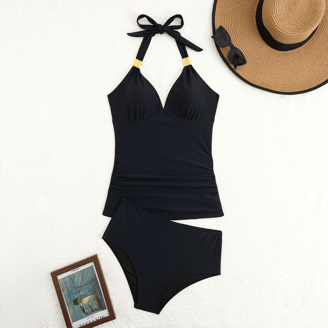 Ladies elegant swimsuit with sophisticated V-neck and golden details StylebySassy