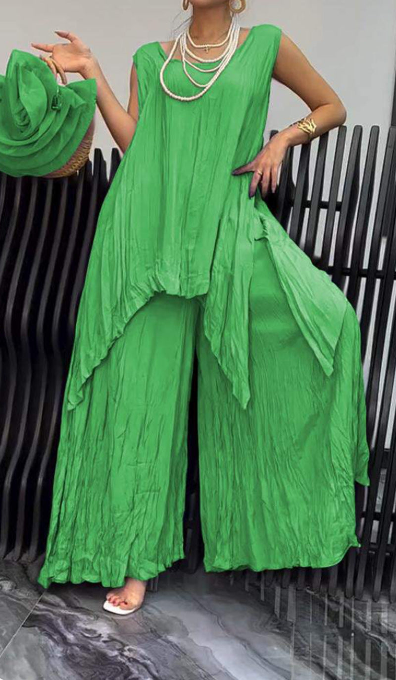 Women two-piece set in airy crinkle look with sleeveless tunic and wide palazzo pants StylebySassy