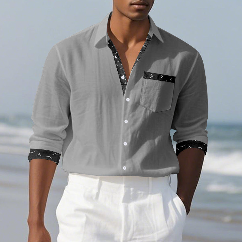 Men's casual linen blend shirt with contrasting trim on collar and cuffs as well as breast pocket StylebySassy