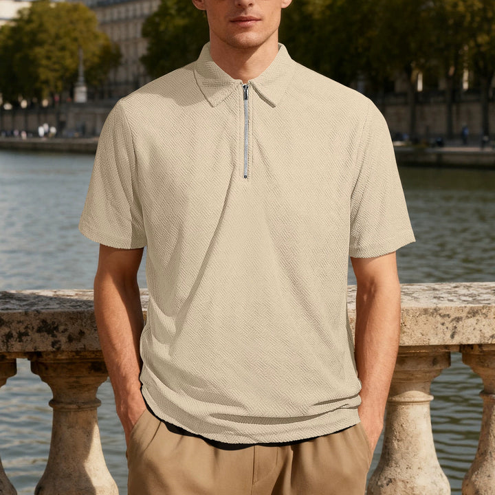 Men's slim fit half-zip polo with fine herringbone jacquard structure StylebySassy