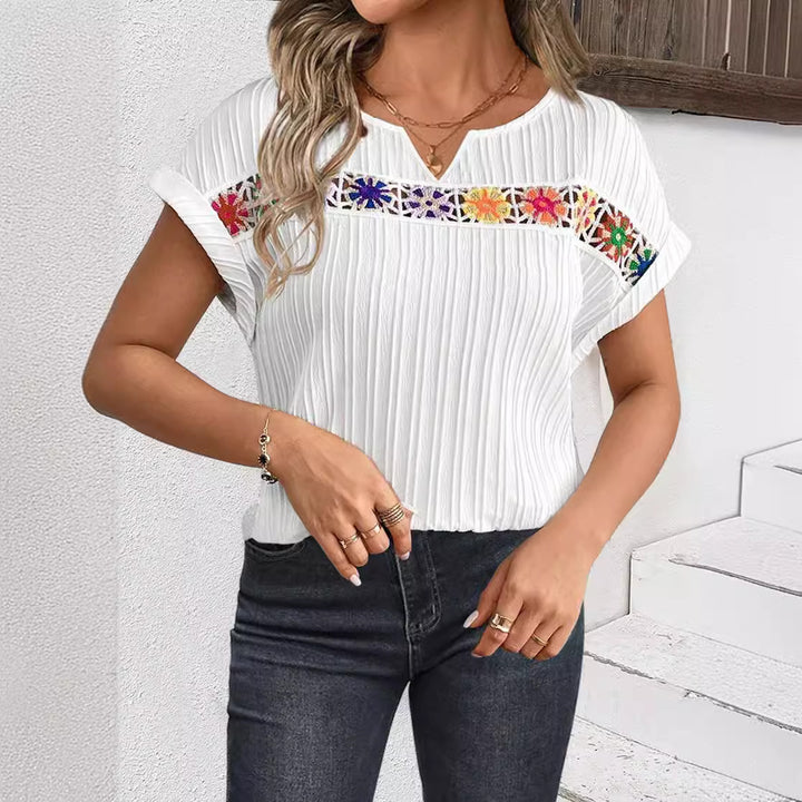 Women's cropped ribbed top with lace trim and V-slit StylebySassy
