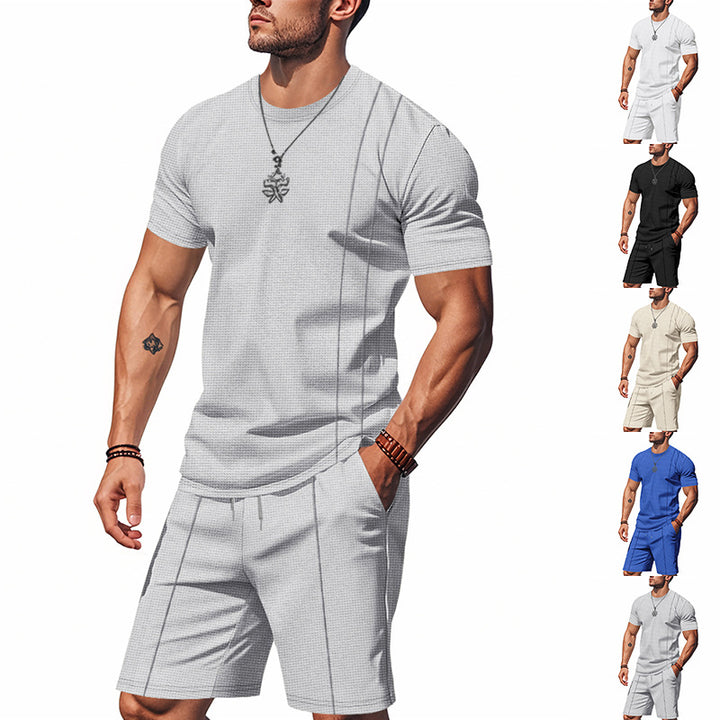 Men's urban waffle jersey ensemble with contrasting decorative seams and loose Bermuda fit StylebySassy