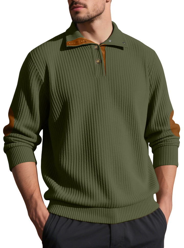 Men's ribbed half-button pullover with Kent collar and leather trim StylebySassy