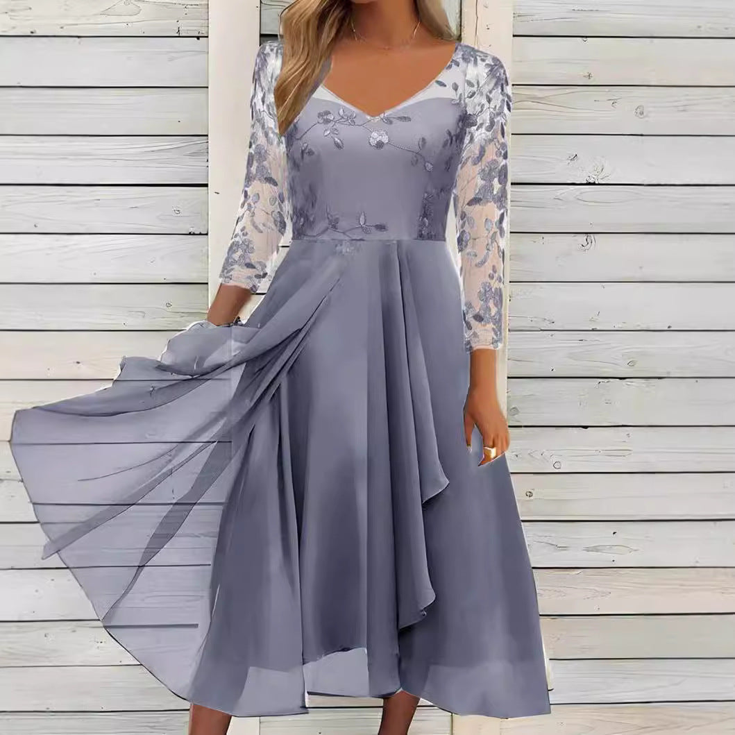 Women's V-neck chiffon midi dress with embroidered bodice, transparent three-quarter sleeves, and asymmetric layered skirt StylebySassy