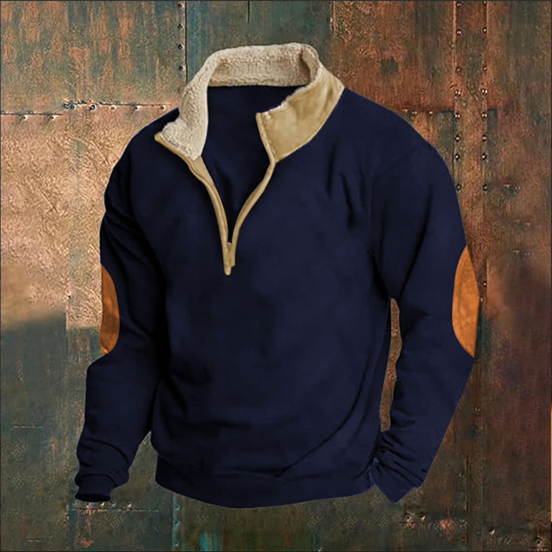 Men's Sherpa-lined half-zip pullover with stand-up collar and leather elbow patches StylebySassy
