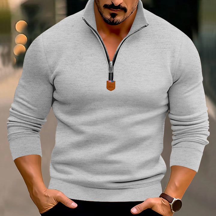 Men's narrow cut fine knit pullover with short zipper, shaping seams, and stretch waistband StylebySassy