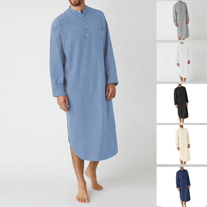 Men's long loose shirt with stand-up collar, chest pocket, and curved hem StylebySassy
