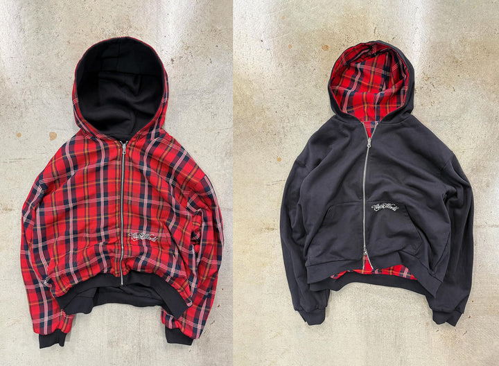 Unisex nan reversible hoodie jacket with checked lining, full zip and kangaroo pocket StylebySassy