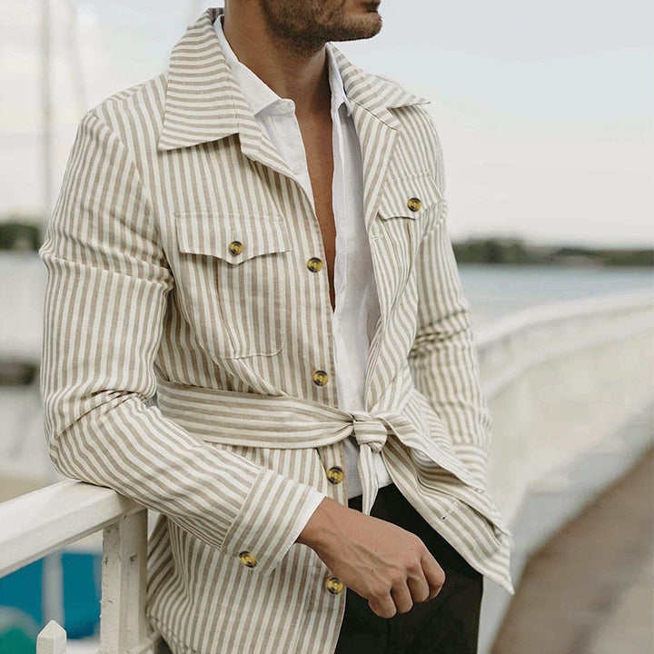 Women's striped shirt jacket made of cotton blend with patch breast and hip pockets StylebySassy