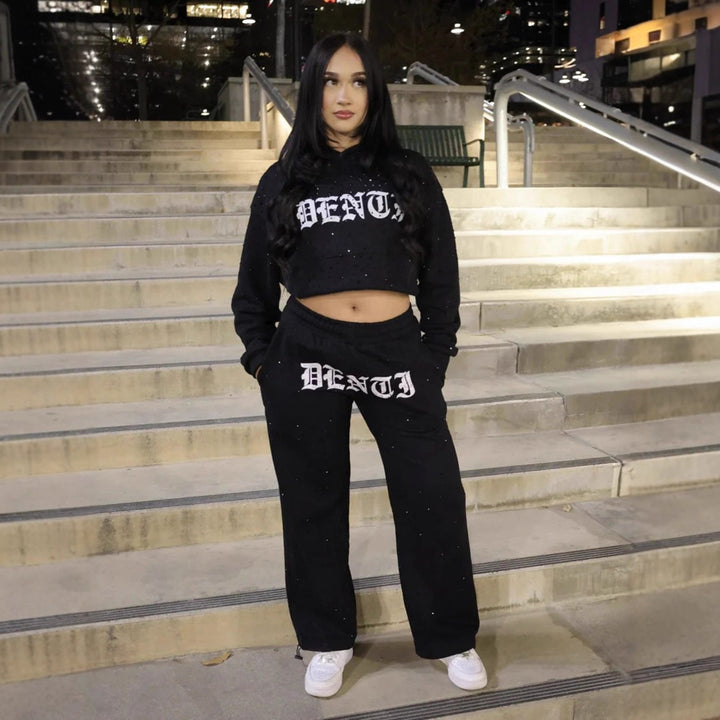 Women nan lounge pants with galaxy star print, straight leg, elastic comfort waistband, and gothic lettering StylebySassy