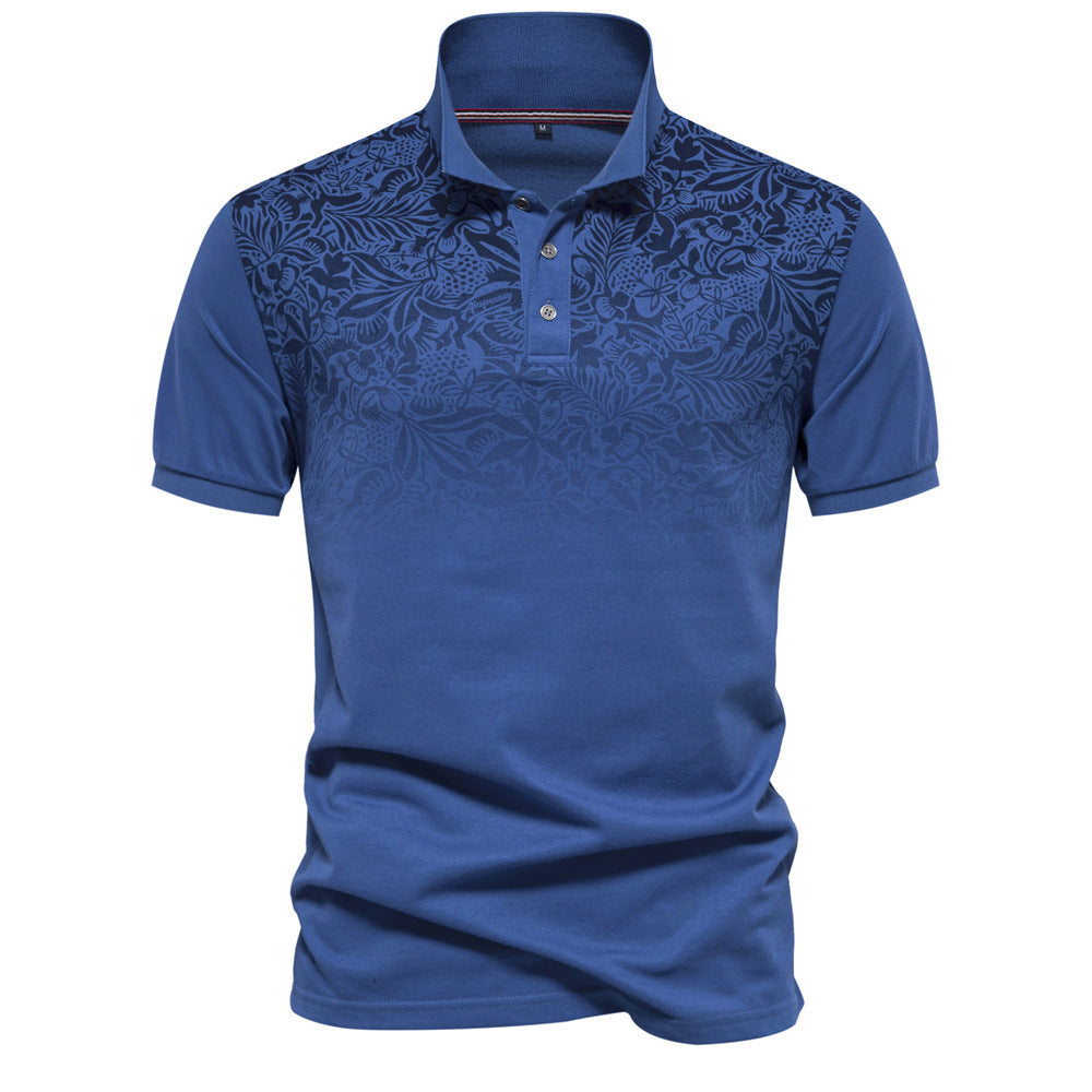 Men's polo shirt with floral gradient pattern, Kent collar and subtle button placket StylebySassy
