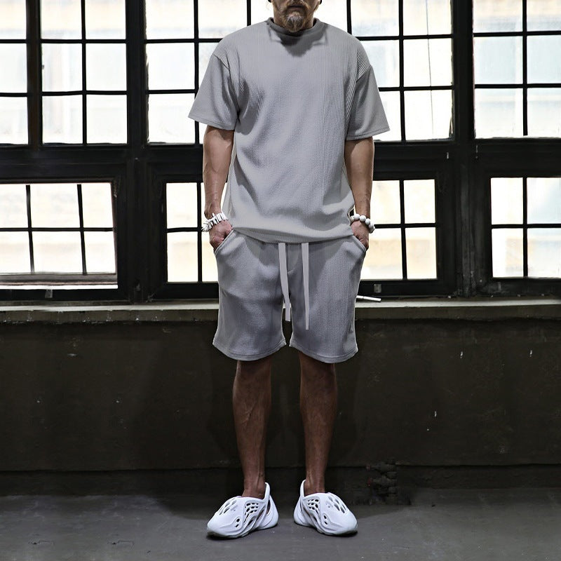 Men's casual waffle jersey set with loose top and drawstring shorts StylebySassy