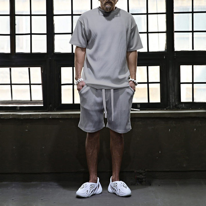 Men's casual waffle jersey set with loose top and drawstring shorts StylebySassy