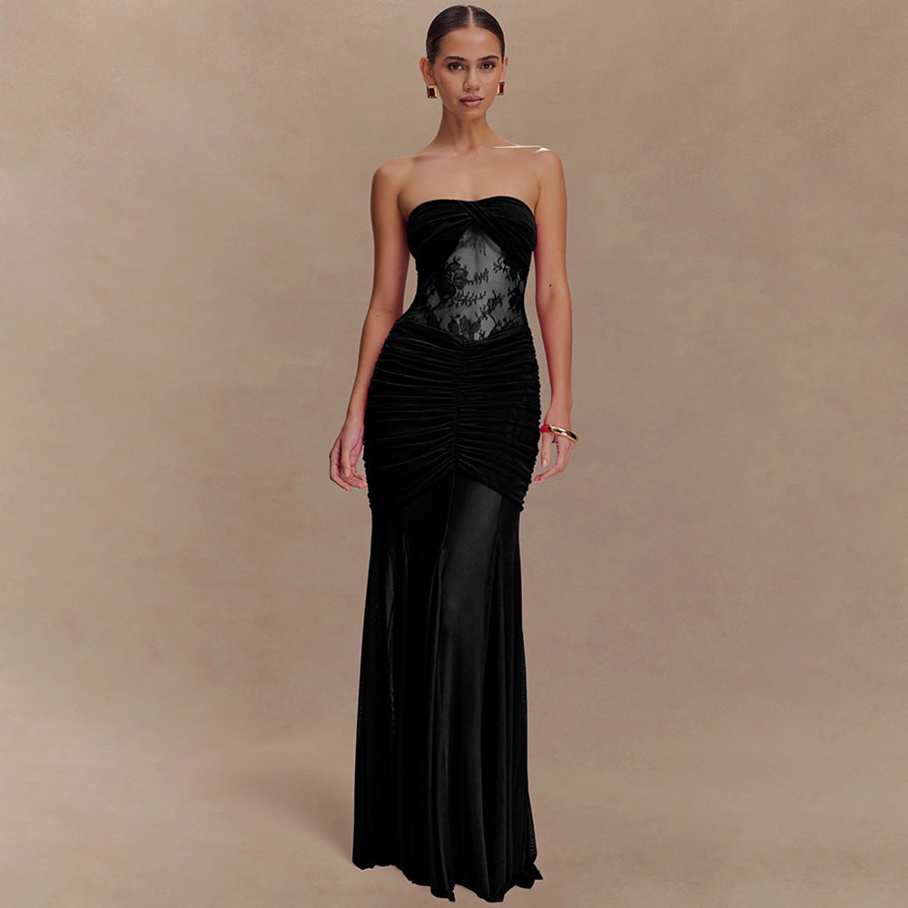 Women's Strapless Maxi Dress with Refined Draping and Lace Mix StylebySassy