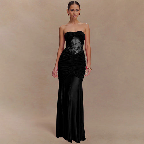 Women's Strapless Maxi Dress with Refined Draping and Lace Mix StylebySassy