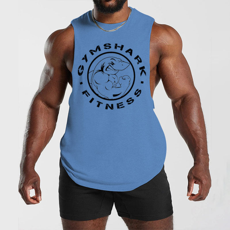 Men's sleeveless muscle shirt with extra deep arm openings and large logo print StylebySassy