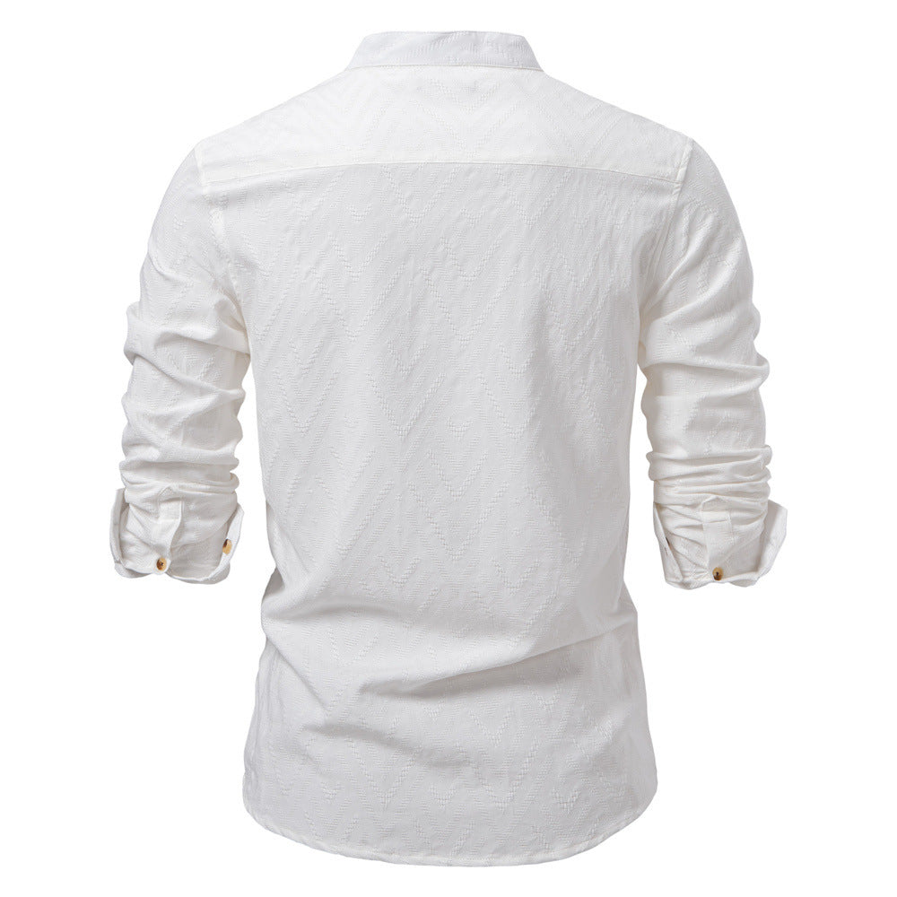 Men's jacquard shirt with stand-up collar, half button placket, and wood-look buttons StylebySassy
