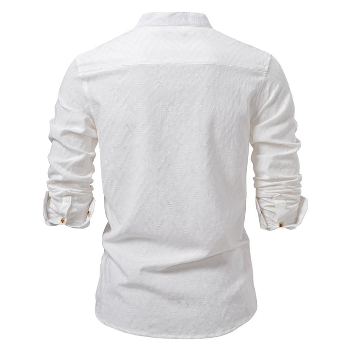 Men's jacquard shirt with stand-up collar, half button placket, and wood-look buttons StylebySassy