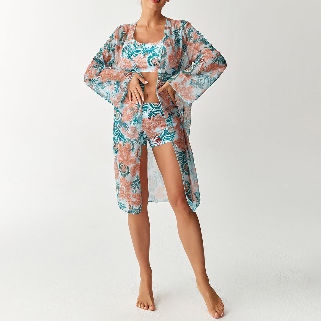 Women's beach outfit with floral design and transparent kaftan StylebySassy