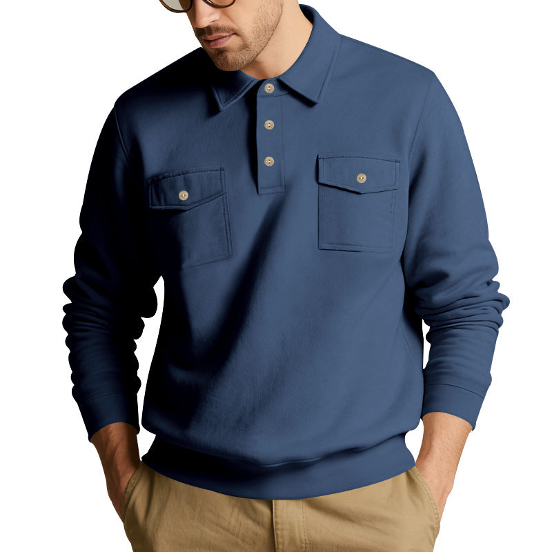 Men's polo collar sweatshirt with patch chest pockets and ribbed cuffs StylebySassy