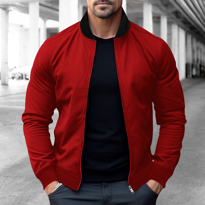 Men's lightweight cotton blouson with contrasting collar, visible metal zipper, and side pockets StylebySassy