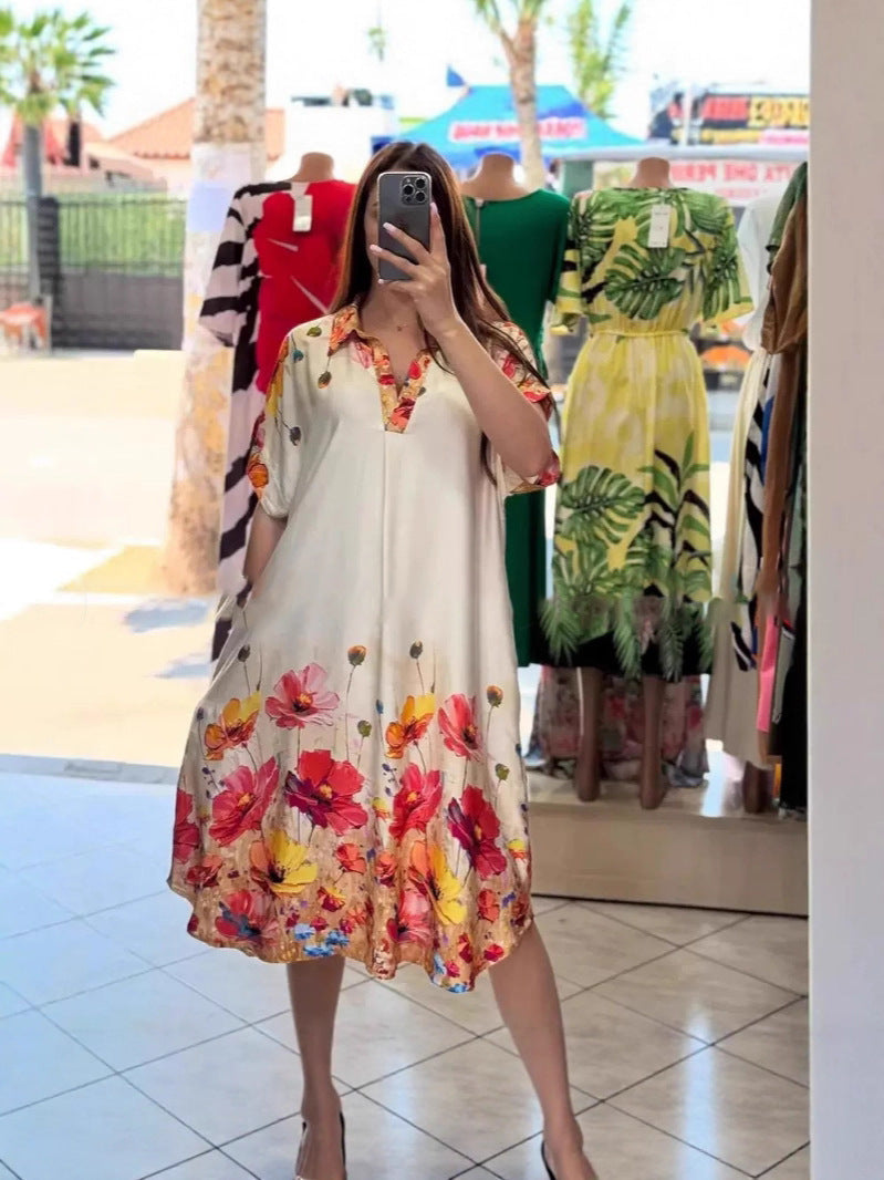Women's lightweight shirt dress with floral border print, open V-neck and side pockets StylebySassy