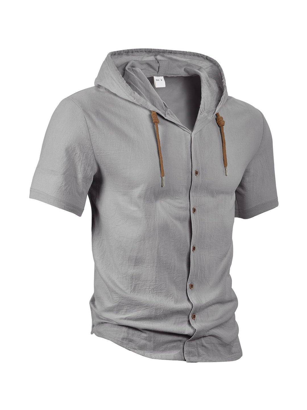Men's short-sleeve hooded shirt with natural fiber texture, button-up front, and drawstring StylebySassy