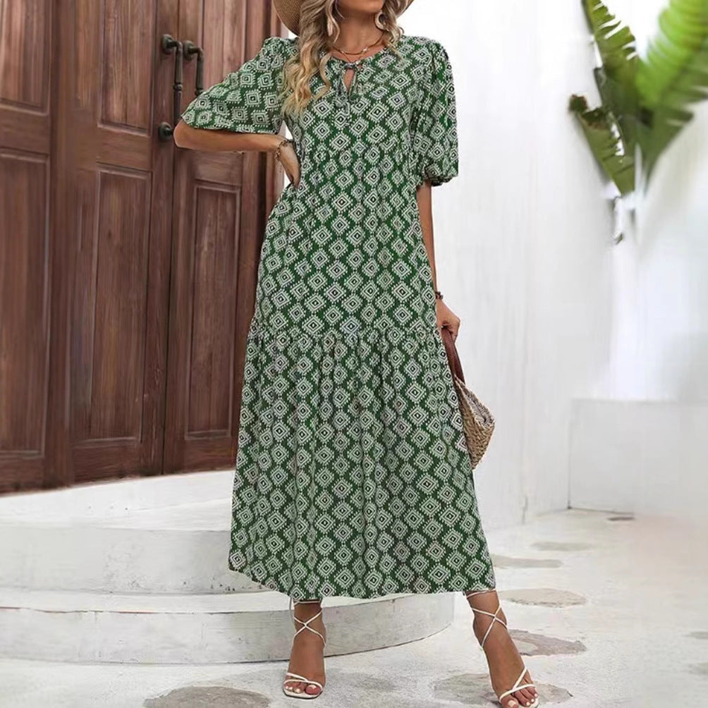 Women’s airy maxi dress with geometric ethnic print, gathered tiered skirt and keyhole neckline StylebySassy
