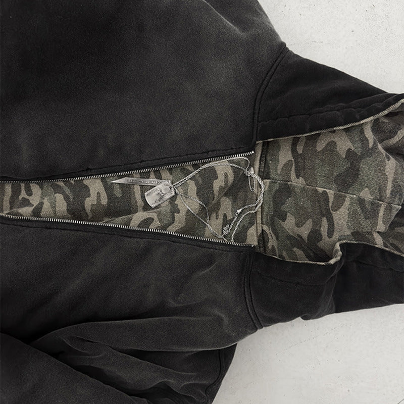Men's short-cut camouflage bomber-style hooded jacket with teddy lining and two-way zipper StylebySassy