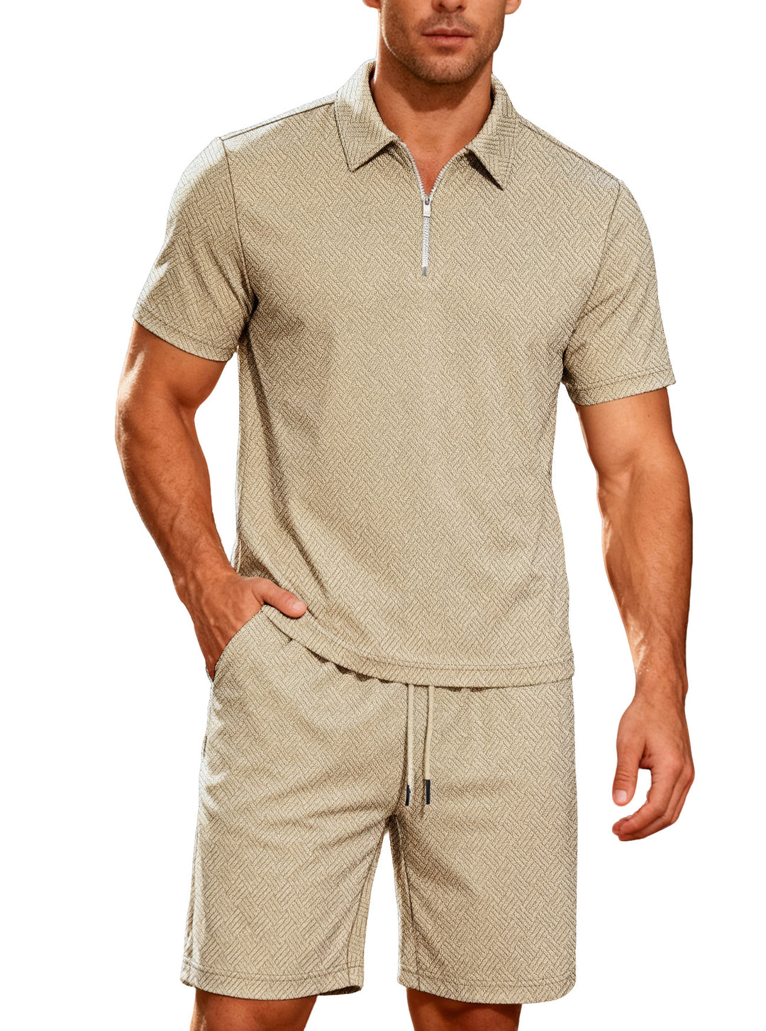 Men's comfortable lounge two-piece set made of structured cotton blend with half-zip polo shirt and drawstring shorts StylebySassy