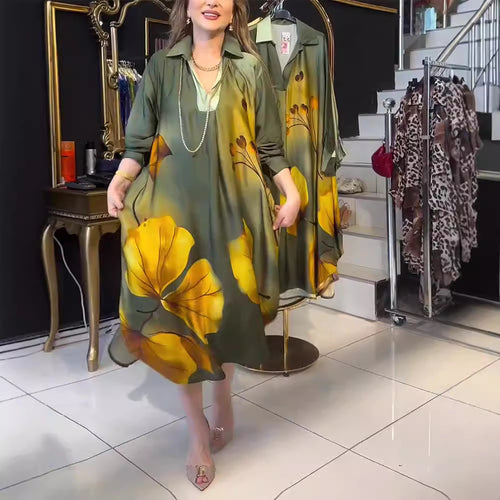 Women's oversized shirt dress in A-line cut with shirt collar and large floral print StylebySassy