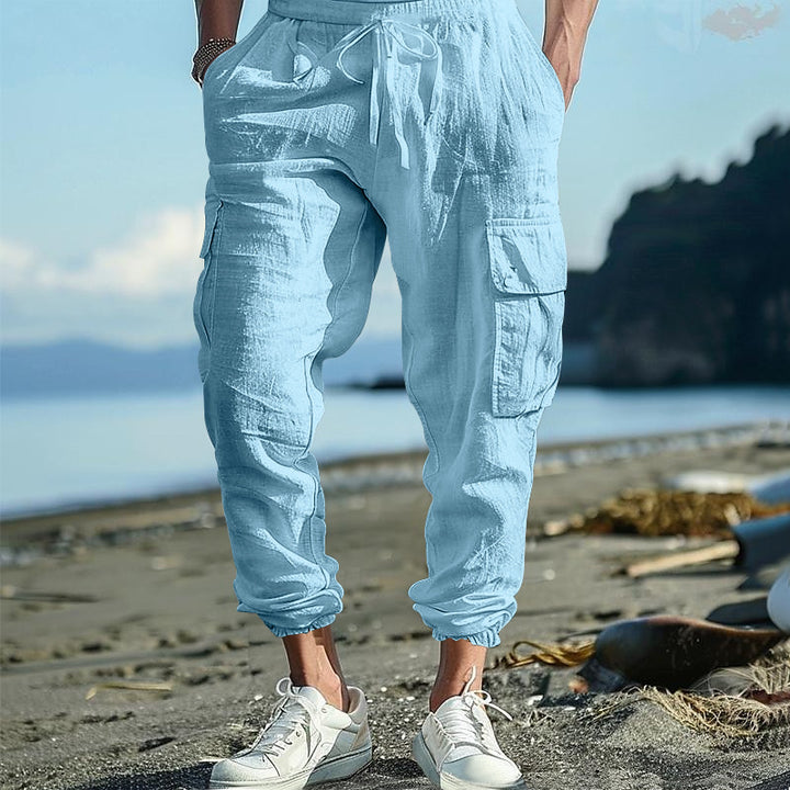 Men's Casual Linen Cargo Joggers with Drawstring Waist, Large Flap Pockets and Elastic Ankle Cuffs StylebySassy