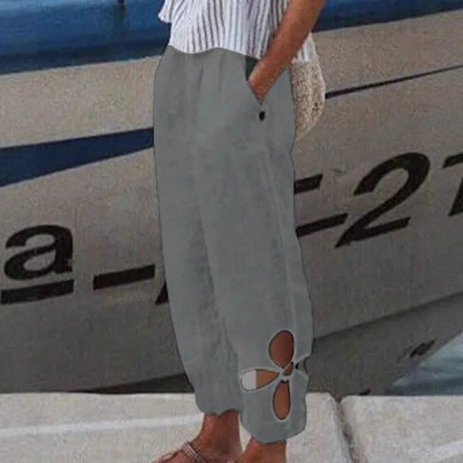 Women's light summer pants with elastic waistband, gathered ankle, and flower-shaped cutout StylebySassy