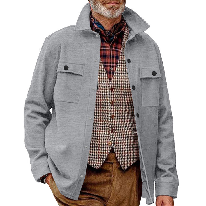 Men's wool blend overshirt jacket with flap pockets, concealed button placket, and shirt collar StylebySassy