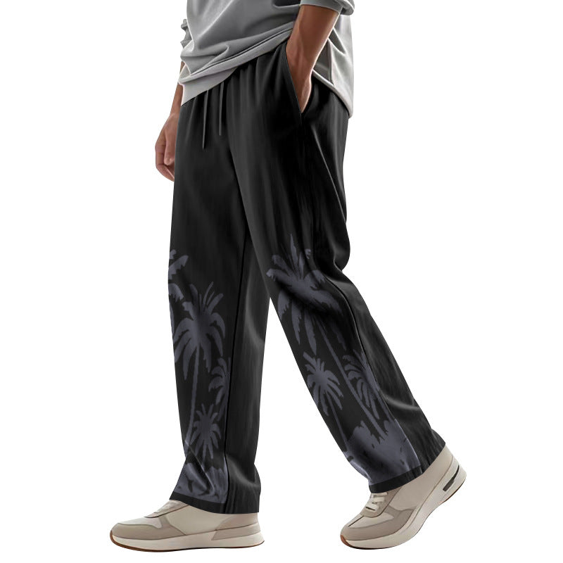 Men's wide leisure pants made of cotton-linen blend with palm print, elastic waistband and drawstring StylebySassy