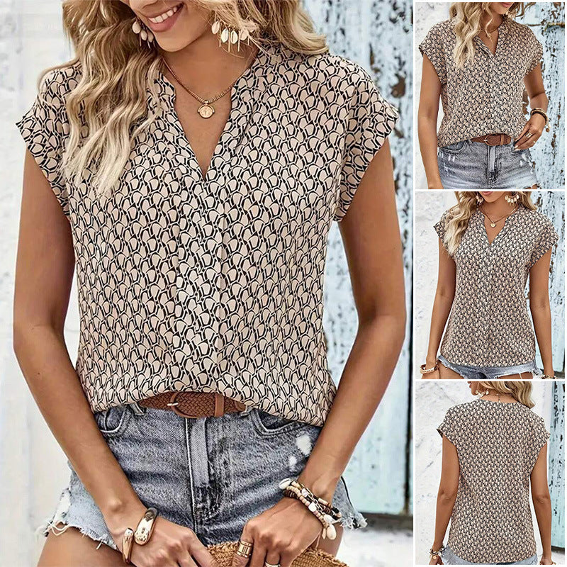Women nan loose short sleeve blouse with graphic minimal pattern, V-neck and hidden button placket StylebySassy