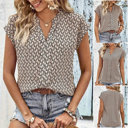 Women nan loose short sleeve blouse with graphic minimal pattern, V-neck and hidden button placket StylebySassy