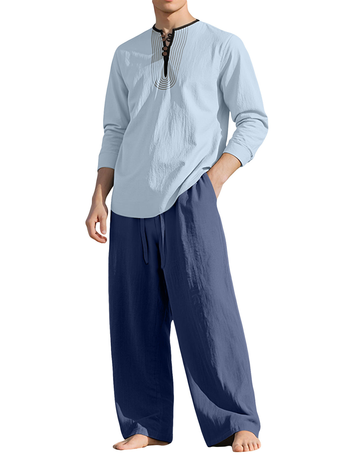 Men's tunic and Palazzo pants set with Henley placket, decorative embroidery and wide cut StylebySassy