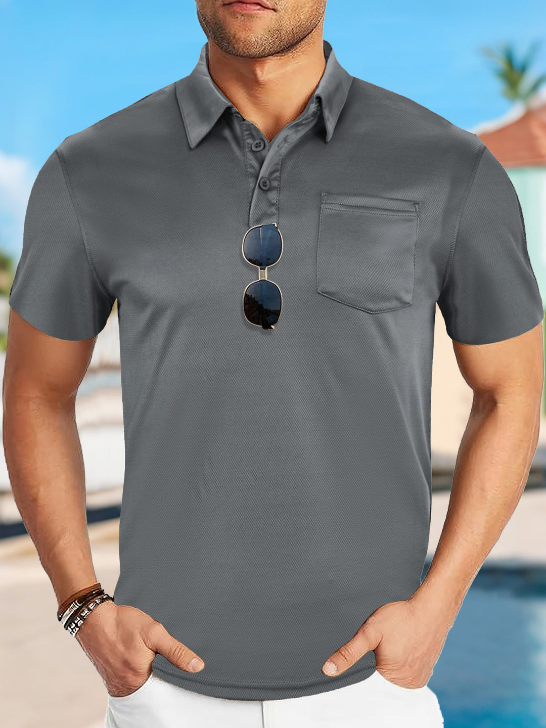 Men's functional polo shirt with chest pocket and breathable mesh structure StylebySassy