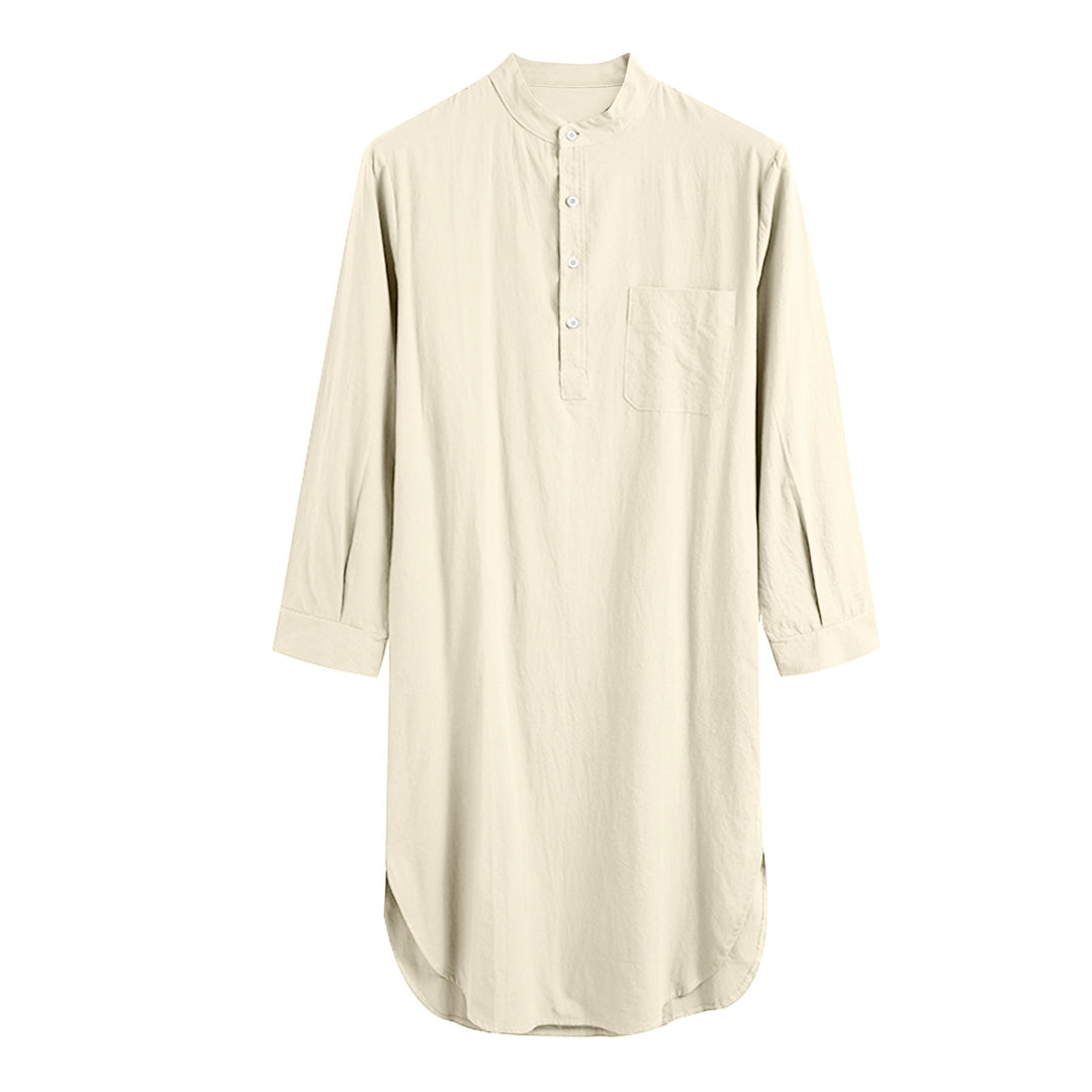 Men's long loose shirt with stand-up collar, chest pocket, and curved hem StylebySassy