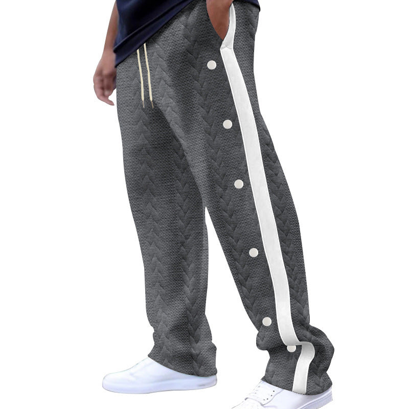 Men's quilted casual pants with continuous snap button placket and contrast stripes StylebySassy