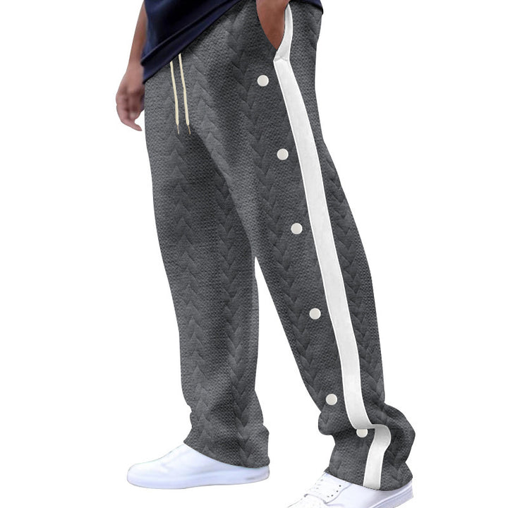 Men's quilted casual pants with continuous snap button placket and contrast stripes StylebySassy