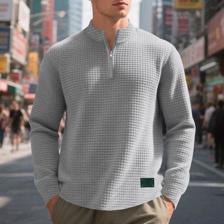 Men's nano lightweight waffle knit pullover with short collar zipper and rounded hem StylebySassy